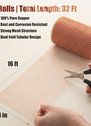 3rd Gen Copper Mesh Rodent Control Kit, 100% Pure Copper Wool for Slugs Snail Pest Bird Mice Rat Control, 2 Rolls Mesh Roll Wrap Wire with Scissors