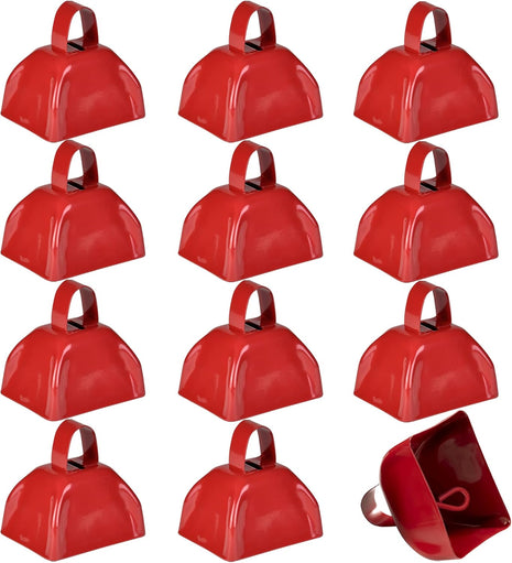 3 Inch Red Metal Cowbells (12-Pack) Loud Cheering Noise Makers | Hand Percussion Cow Bells for Sporting Events, Football Games, School Spirit, Pep Rallies, Celebrations & Team Fans