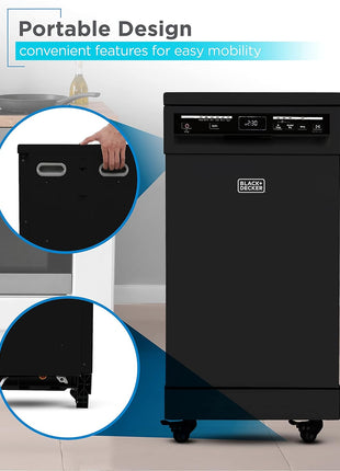 BLACK+DECKER 18-Inch Portable Dishwasher, Energy Star, BPD8B, Black | 8-Place Setting Capacity, Mobile Dish Washer with 6 Wash Programs, LED Display, Stainless Steel Tub