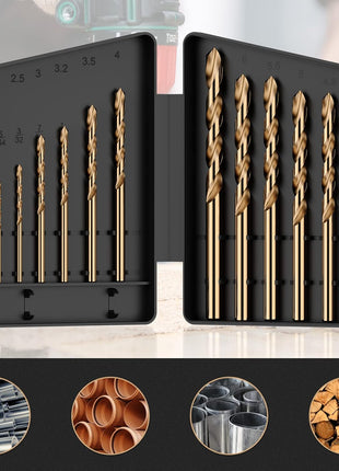 MACXCOIP Cobalt Drill Bit Set, 13Pcs M35 High Speed Steel Jobber Length Drill Bit Kit for Hardened Metal, Stainless Steel, Cast Iron, Wood and Plastic, with Index Storage Case, 1/16 inch-1/4 inch