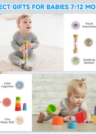 WOODMAM Montessori Toys for Babies 7-12 Months, 9 in 1 Educational Play Kit | Baby Toys 7-12 Months, Object Permanent Box, Stacking Cups, Mirror Puzzle, Ring Stacker, Baby Learning Toys, Baby Gifts