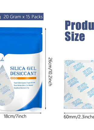 15 Pcs 20 Gram Silica Gel Packs, Transparent Desiccant, Desiccant Packets for Storage, Moisture Packs for Spices Jewelry Shoes Boxes Electronics Storage