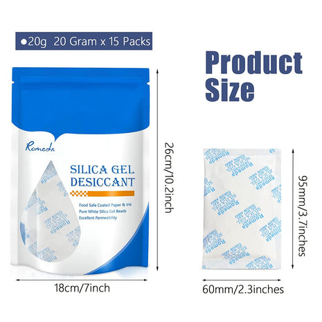 15 Pcs 20 Gram Silica Gel Packs, Transparent Desiccant, Desiccant Packets for Storage, Moisture Packs for Spices Jewelry Shoes Boxes Electronics Storage