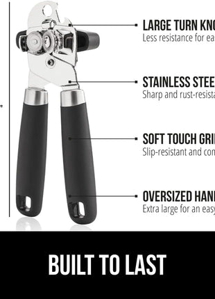 GORILLA GRIP Heavy Duty Stainless Steel Smooth Edge Manual Can Opener and Bottle Openers, Soft Comfortable Handle, Oversized Handheld Turn Knob, US Designed Multifunctional Kitchen Tool, Black