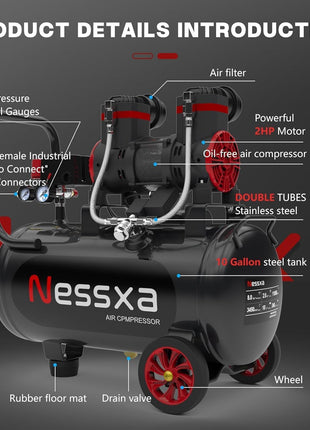10 Gallon Ultra Quiet Air Compressor with Two Quick Couplers, 2HP 8.76 CFM@ 115PSI Pressure Oil-Free Air Compressor Tank, 70dB Quiet Compressor for Auto Repair, Tire Inflation 110V/60hz