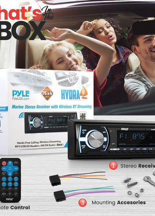 Pyle Marine Bluetooth Stereo Radio - 12v Single DIN Style Boat In dash Radio Receiver System with Built-in Mic, Digital LCD, RCA, MP3, USB, SD, AM FM Radio - Remote Control - PLMRB29B (Black)