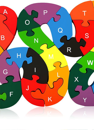 LovesTown Wooden Double Sided Snake Puzzle | Alphabet & Numbers, Montessori Educational, Chunky Animal Design, For Toddlers, Great Learning Gift