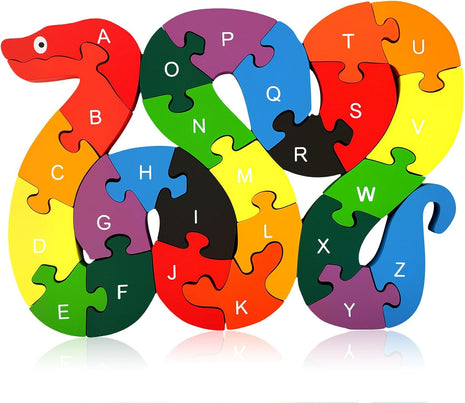 LovesTown Wooden Double Sided Snake Puzzle | Alphabet & Numbers, Montessori Educational, Chunky Animal Design, For Toddlers, Great Learning Gift