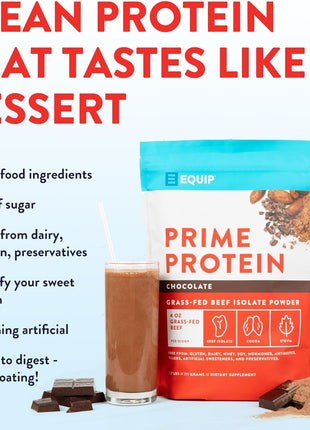 Equip Prime Chocolate Protein Powder - Gut-Friendly, No Sugar Protein Shake Powder with Grass-Fed Beef & Natural Collagen - Rich & Creamy Mix - 21g Per Serving - Whey & Dairy-Free (30 Scoops)