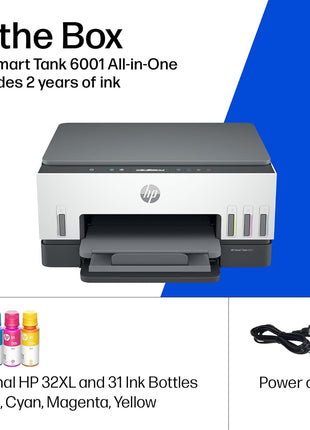 HP Smart Tank 6001 Wireless All-in-One Ink Tank Printer, Scanner, Copier with 2 Years of Ink Included, Best-for-Home, Cartridge-Free Refillable, AI-Enabled (2H0B9A)