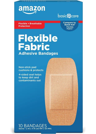 Amazon Basic Care Flexible Fabric Adhesive Bandages, XL (2 in x 4 in), Protection for All Skin Types, Flexible Stretch That Conform to Wounds, 10 Count