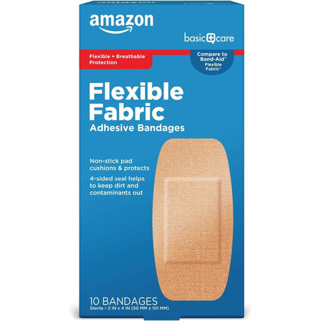 Amazon Basic Care Flexible Fabric Adhesive Bandages, XL (2 in x 4 in), Protection for All Skin Types, Flexible Stretch That Conform to Wounds, 10 Count