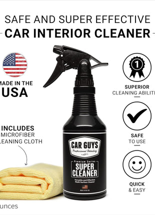 CAR GUYS Interior Car Cleaner for Tough Stains | Stain Remover for Car Seats, Carpet, Upholstery, & Leather | 18 Oz Kit with Microfiber Towel