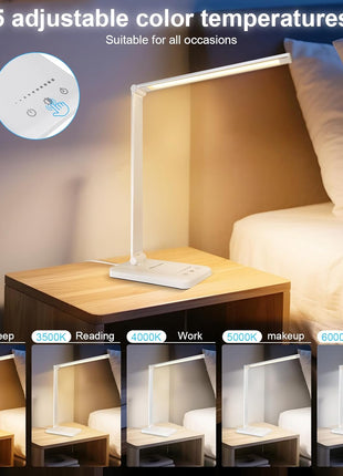White crown LED Desk Lamp Dimmable Table Lamp Reading Lamp with USB Charging Port, 5 Lighting Modes, Sensitive Control, 30/60 Minutes Timer (White, First-Generation)