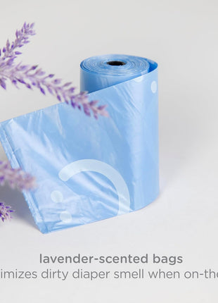 Ubbi Retractable Bag Dispenser for Diaper Bag, Gray | Portable Bag Holder for Travel, Clips to Stroller or Diaper Bag, Newborn Baby Essentials, Includes 24 Lavender Scented Bags