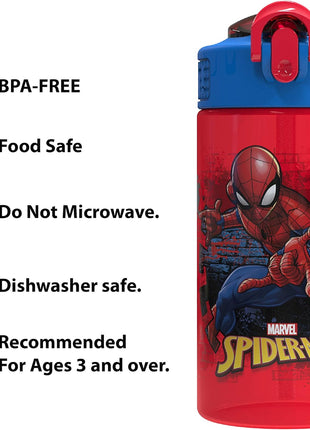 Zak Designs Marvel SpiderMan Kids Spout Cover and Built-in Carrying Loop Made of Plastic, Leak-Proof Water Bottle Design (16 oz, BPA-Free)