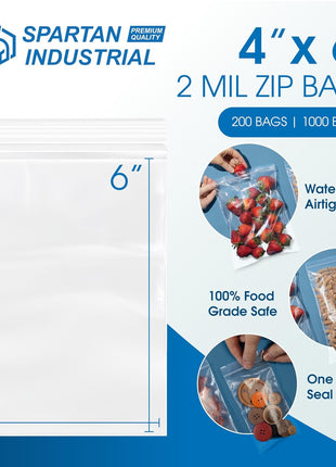 4" X 6" (1000 Count) 2 Mil Clear Reclosable Zip Plastic Poly Bags | with Resealable Lock Seal Zipper - Spartan Industrial