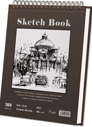 Fuxi 9" x 12" Sketch Book_Top Spiral Bound Sketchbook_100Sheets 68lb/100gsm | Art Sketch Pads for Drawing, Acid-Free Drawing Paper Pad for Kids, Students, Artists & Beginners, Art Supplies for Adults