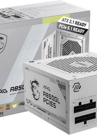 MSI MAG A850GL PCIE5 White, Fully Modular Compact Gaming 850W Power Supply, 80+ Gold, ATX 3.1 & PCIe 5.1 Ready, Native Dual-Color 12V-2x6 Cable, 10 Year Warranty