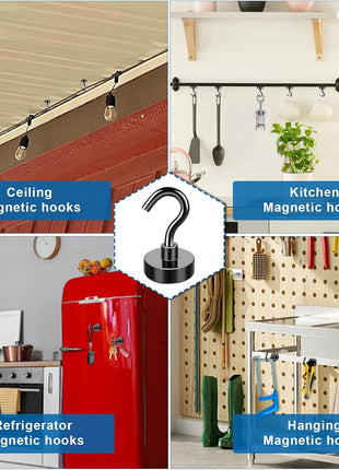 LOVIMAG Black Magnetic Hooks, 30Lbs Strong Magnetic Hooks Heavy Duty with Epoxy Coating for Refrigerator, Magnetic Cruise Hooks for Hanging, Classroom, Office, and Kitchen - Pack of 12