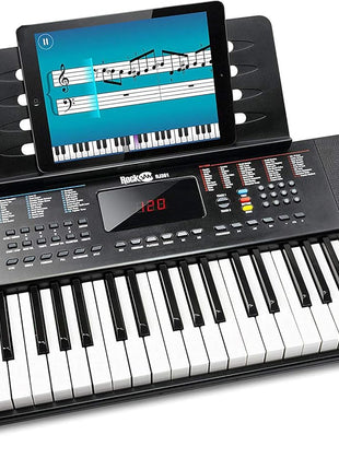 RockJam Compact 61 Key Keyboard with Sheet Music Stand, Power Supply, Piano Note Stickers & Simply Piano Lessons