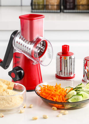 Geedel Rotary Cheese Grater, Kitchen Mandoline Vegetable Slicer with 3 Interchangeable Blades, Easy to Clean Grater for Fruit, Vegetables, Nuts