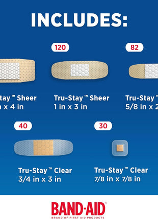 BAND-AID Brand Adhesive Bandages Family Variety Pack, Sheer & Clear Flexible Sterile Individually Wrapped Strips & Spots, First Aid Wound Care for Minor Cuts, Scrapes, Burns, 5 Sizes, 280 ct