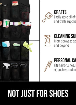 GORILLA GRIP Over the Door Shoe Organizer, 24 Large Breathable Mesh Pockets, Space Saving Hanging Storage Holder, Closet Rack Hanger Holds Up to 40 lbs, Hangs on Closets for Shoes, Accessories, Black