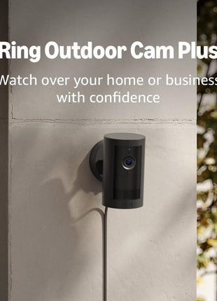 Ring Outdoor Cam Plus, Plug-In (newest model), Home or business security, Wide-Angle 2K Video with Ring Vision, Low-Light Sight for full-color night vision, Mount-Anywhere Versatility, Black