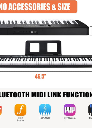 88 Key Digital Piano Electric Keyboard, 88 Key Keyboard Piano for for Beginner, with Power Adapter, Sustain Pedal, Stand, Bluetooth