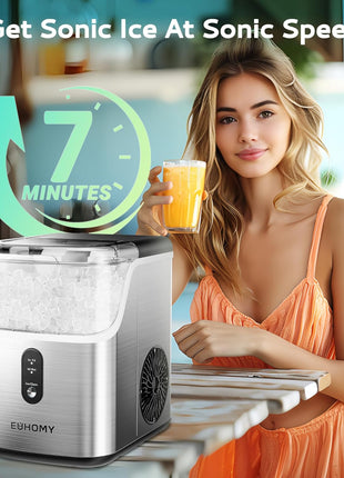 EUHOMY Nugget Ice Makers Countertop, Pebble Ice Maker Machine with 34lbs/24H Soft Ice, Self-Cleaning Sonic Ice Maker with Ice Scoop&Basket, Pellet Ice Maker for Home/Kitchen/Office(Stainless Steels)