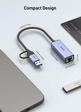 BENFEI USB 3.0 to Ethernet Adapter, USB C to RJ45 Gigabit LAN (1000Mbps) Network Adapter, Compatible with MacBook/Pro/Air, Surface Pro, Windows 11/10/8/7, Mac OS [Aluminium Shell&Nylon Cable]