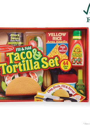 Melissa & Doug Fill & Fold Taco & Tortilla Set, 43 Pieces – Sliceable Wooden Mexican Play Food, Skillet, and More - FSC Certified