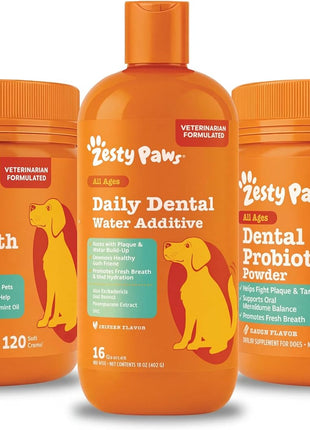Zesty Paws Dental Trio System for Dogs – Breath Freshener + Dental Care – Water Additive, Dental Chews & Dental Powder – Teeth Cleaning, Tartar Remover, Healthy Mouth Support