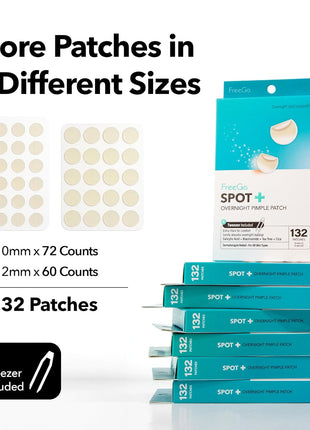 FreeGo Spot+ Hydrocolloid Overnight Patches for Face, Large Patches for Breakouts, Zit, Blemish Spot, Facial Stickers, Korean Pimple Patches (132 Counts)