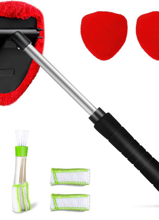 Topmart Windshield Cleaner,Windshield Cleaning Tool with Extendable Handle and Air Vent Duster for Car Interior Exterior,Car Glass Cleaner Kit with Washable Reusable Microfiber Cloth
