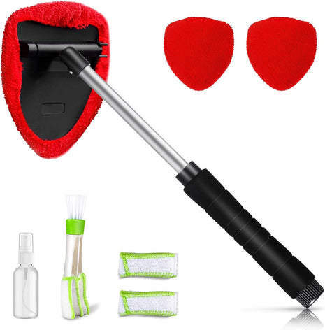 Topmart Windshield Cleaner,Windshield Cleaning Tool with Extendable Handle and Air Vent Duster for Car Interior Exterior,Car Glass Cleaner Kit with Washable Reusable Microfiber Cloth