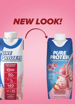Pure Protein Strawberry Protein Shake, 30g Complete Protein, Ready to Drink and Keto-Friendly, Vitamins A, C, D, and E plus Zinc to Support Immune Health, 11oz Bottles, 12 Pack