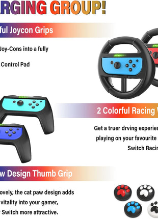 Deruitu Switch Accessories Bundle Compatible with Nintendo Switch, Kit with Carrying Case, Screen Protector, Compact Playstand, Game Case, Joystick Cap, Charging Dock,Steering Wheel, (18 in 1)