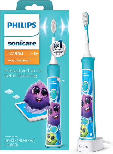 Philips Sonicare for Kids 3+ Bluetooth Connected Rechargeable Electric Power Toothbrush, Interactive for Better Brushing, Turquoise, HX6321/02 | 2 Intensities, App Connected, 2-Minute Guided Timer, Includes Brush Head, Turquoise, HX6321/02