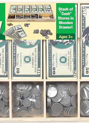 Melissa & Doug Play Money Set - Educational Toy with Paper Bills and Plastic Coins (50 of Each Denomination) and Wooden Cash Drawer for Storage