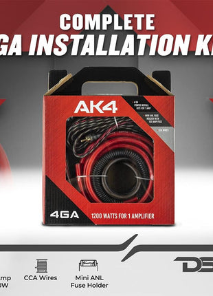 DS18 AK4 Complete 4 Gauge CCA Amplifier Installation Wiring Kit - Ampkit Helps Make Connections, Brings Power to Your Radio, Subwoofers, Speakers with Super Flex Wire - 1200W for 1 Amplifier