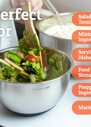 Priority Chef Premium Mixing Bowls With Lids Set, Airtight Lids, Thicker Stainless Steel Mixing Bowl Set, Large Prep Metal Bowls, Nesting Bowls for Kitchen, 1.5/2/3/4/5 Qrt, Black