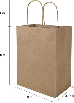 bagmad 100 Pack 8x4.75x10 Inch Plain Medium Paper Bags with Handles Bulk, Brown Kraft Craft Gift Bags, Grocery Shopping Retail Birthday Party Favors Wedding Sacks (Natural Brown, 100pcs)