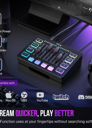 FIFINE Gaming Audio Mixer, Streaming RGB PC Mixer with XLR Microphone Interface, Individual Control, Volume Fader, Mute Button, 48V Phantom Power, for Podcast/Recording/Vocal/Game Voice-AmpliGame SC3