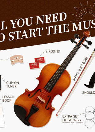 Violin 4/4 Full Size Set, Fiddle Kit for Adults Beginners with Extra strings&Bridge, 2 Rosins, Bow, Tuner, Case