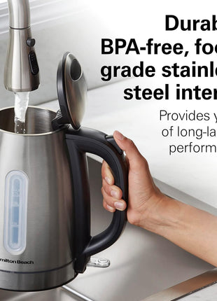 Hamilton Beach 1.7 Liter Electric Tea Kettle, Water Boiler & Heater | Fast Boiling 1500 Watts | BPA Free | Cordless Serving | Auto-Shutoff & Boil-Dry Protection | LED Light Ring | Stainless Steel