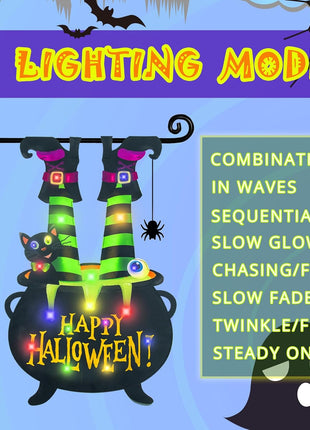Halloween Lighted Garden Flag for Outside, Led Solar Yard Flag 8 Modes Witch Feet Shape Flag, 12x18 Double Sided Cauldron Eyeball Black Cat Decorations for Home Porch