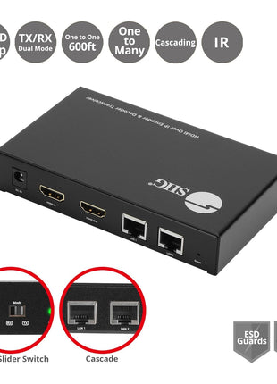 SIIG HDMI Over IP Encoder & Decoder Transceiver - TX/RX Mode Switching, Cascading, 1080p, One to One 600ft, One to Many, Many to Many via VLAN, 2X RJ45, TAA Compliant (CE-H27P11-S1)