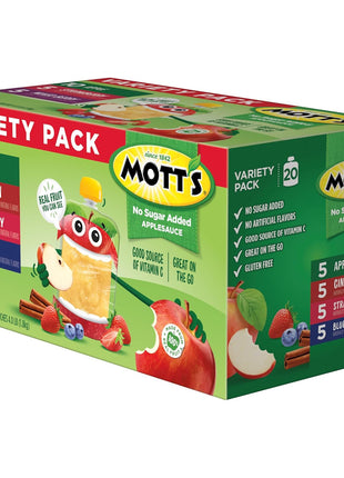 Mott's No Sugar Added Applesauce Variety Pack, 4 Flavors – Apple, Strawberry, Cinnamon & Blueberry, Made from Real Fruit, No Artificial Flavors, 3.2 Clear Pouches, 20 Pack